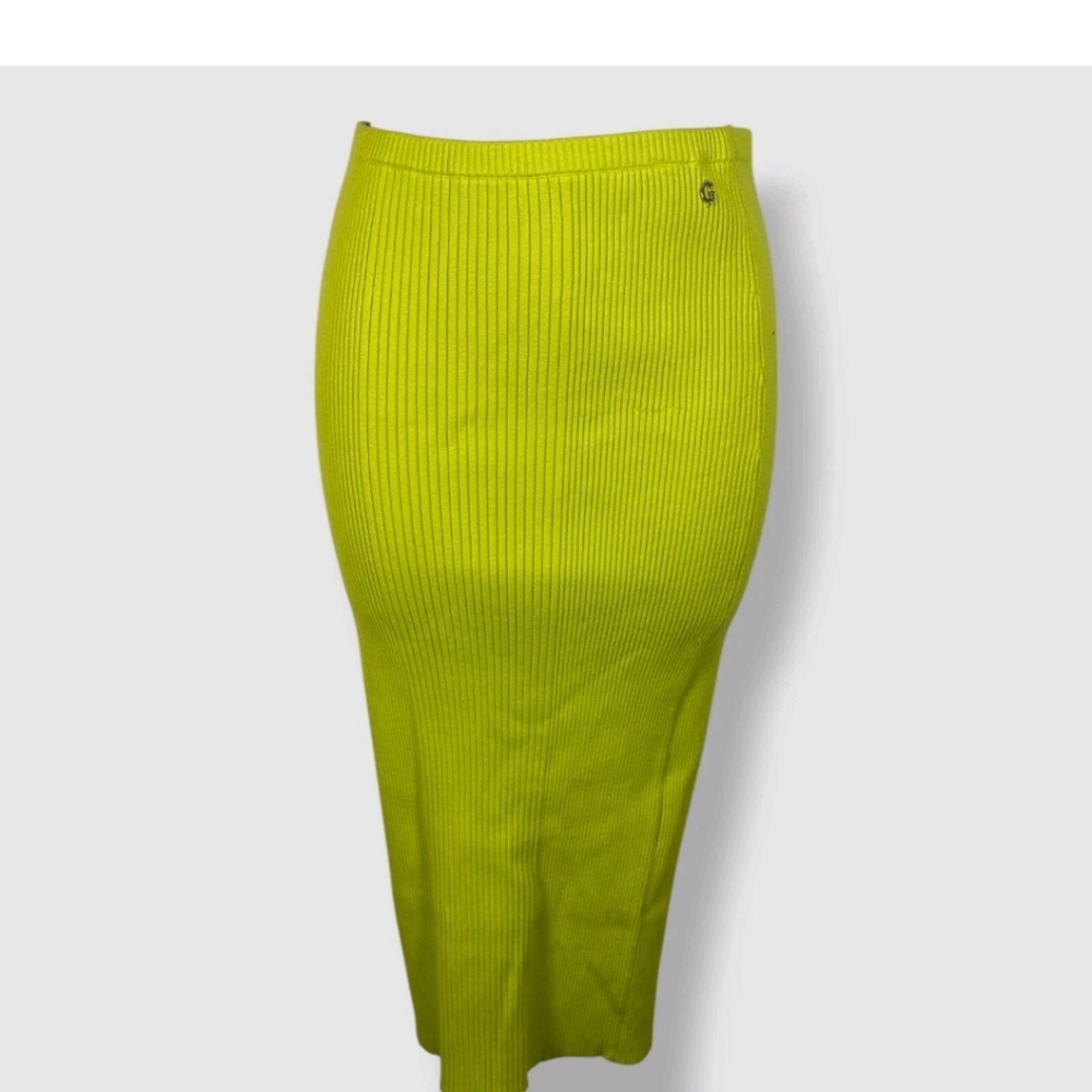 Guess Neon Yellow/lime Ribbed Midi Sweater Skirt
